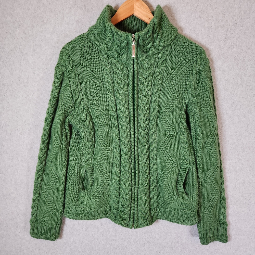 The Irish Store Green Cable Knit Women's Sweater Medium Full Zip Long Sleeve